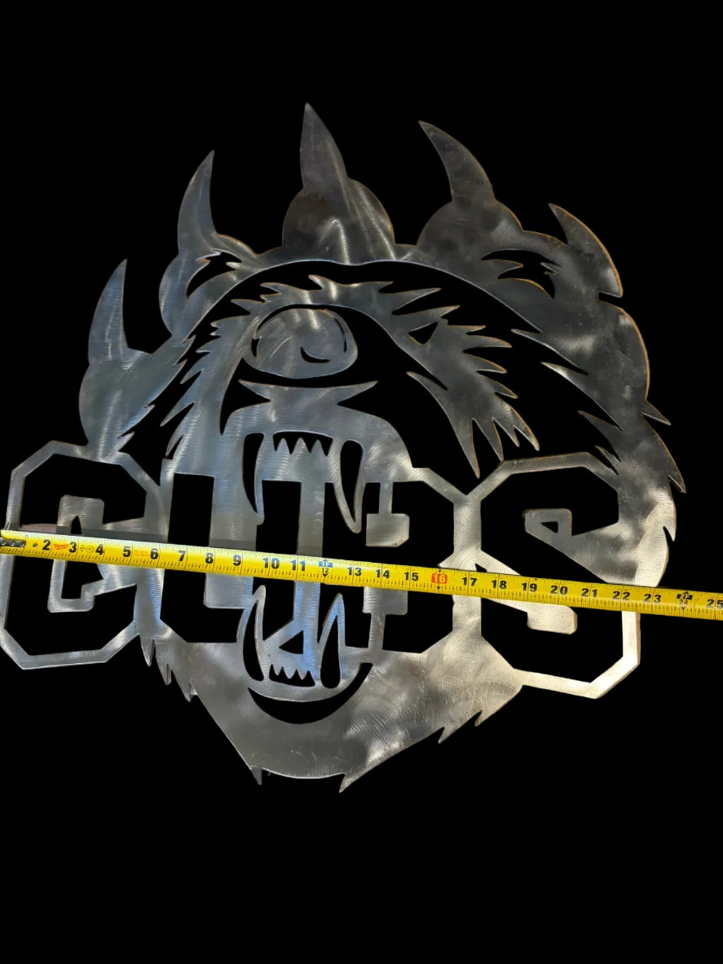 Metal Wall Art of a Bear biting the word CUBS